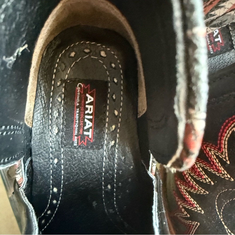 Ariat Black Ankle Booties with Red and Brown Western Stitching - Picture 8 of 11
